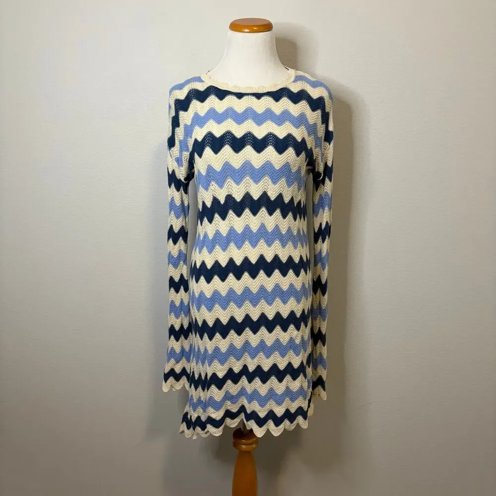 C&C California Blue and Ivory Bell Sleeve Crochet Mini Dress - Size XS